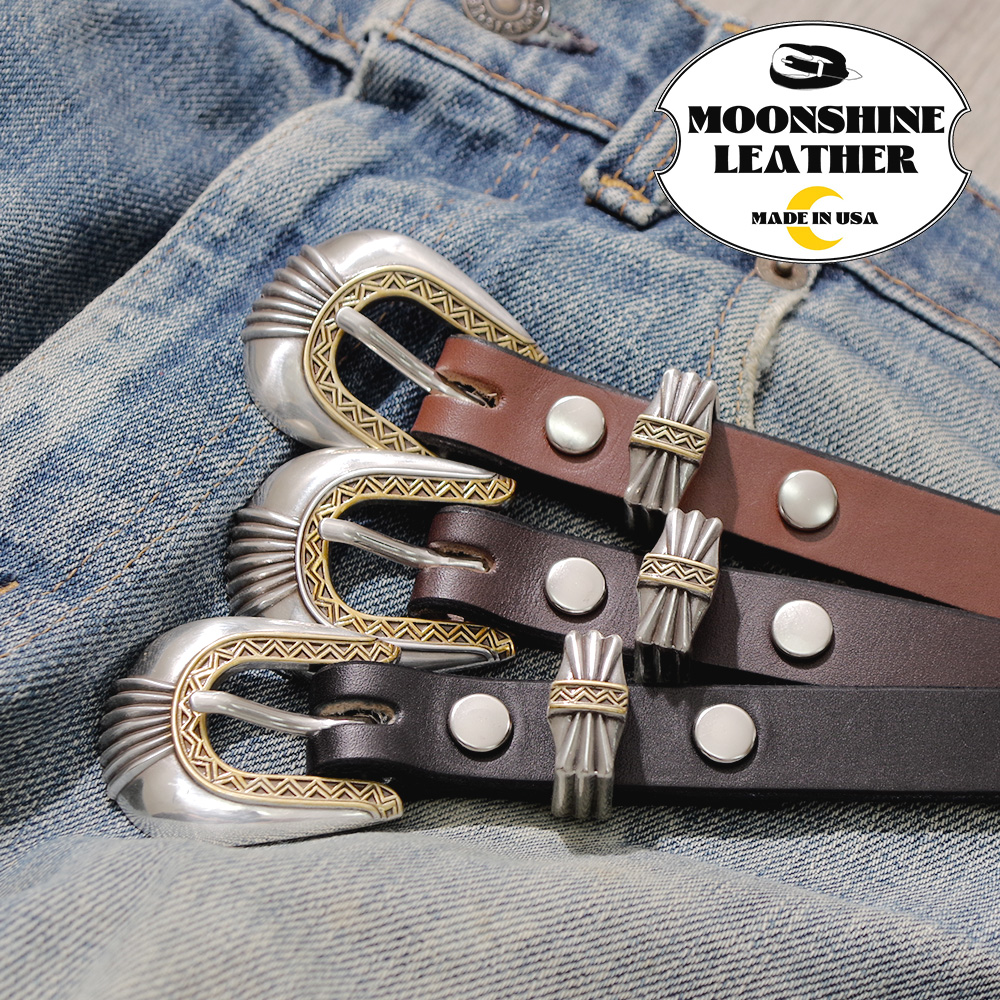 【MOONSHINE LEATHER(ムーンシャインレザー)】Made In USA Del Rio Buckle Western Leather Belt アメリカ製 デルリオバックル ウェスタンレザーベルト