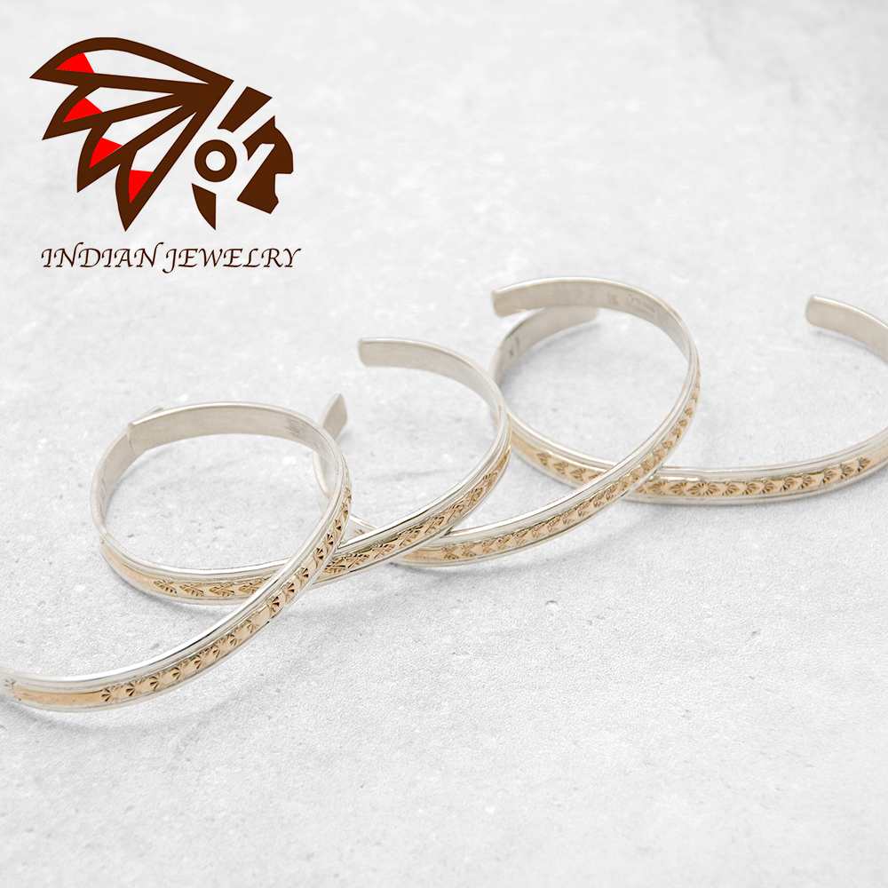 【INDIAN JEWELRY インディアンジュエリー】Navajo Silver×14KGF Bangle KING PINOナバホ族 シルバー×ゴールド バングルキング・ピノ作 0.6cm